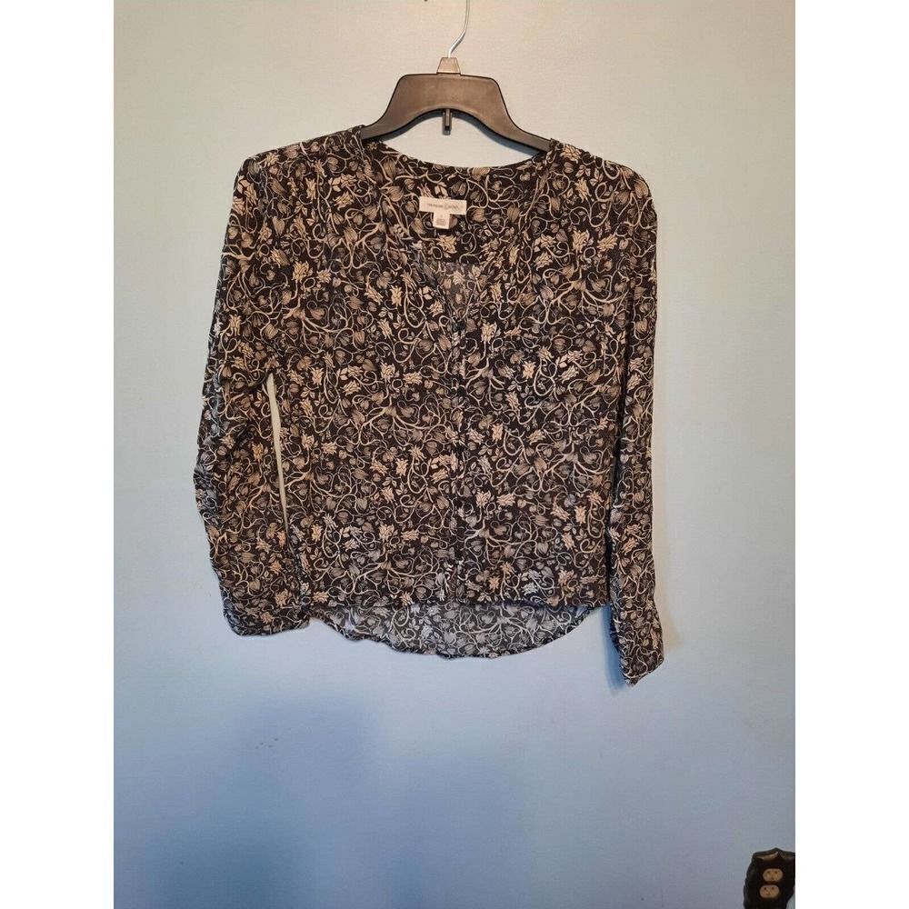 TREASURE & BOND Brown & Beige Shirred Floral V-neck Blouse w Shirt Tail Sz S